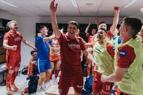 Ben Doherty and the Coleraine players celebrate the win in Maribor. PICTURE: David Cavan