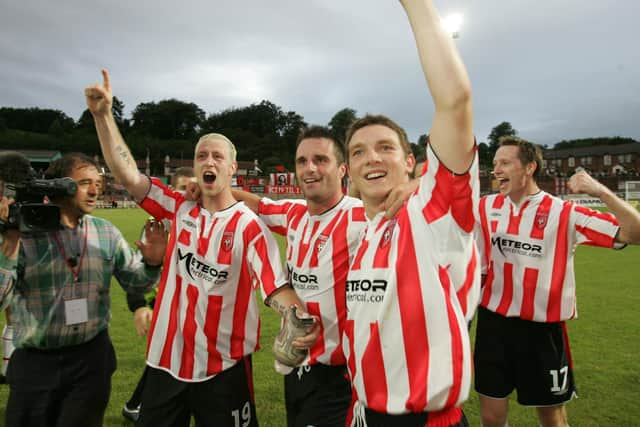 Stephen O'Flynn, Darren Kelly and Kevin Deery celebrate taking the Swedish giants' scalp.