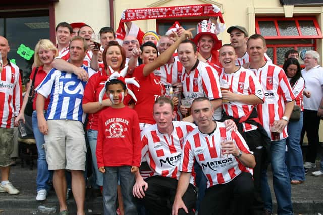 The travelling Derry City supporters ahead of the game.