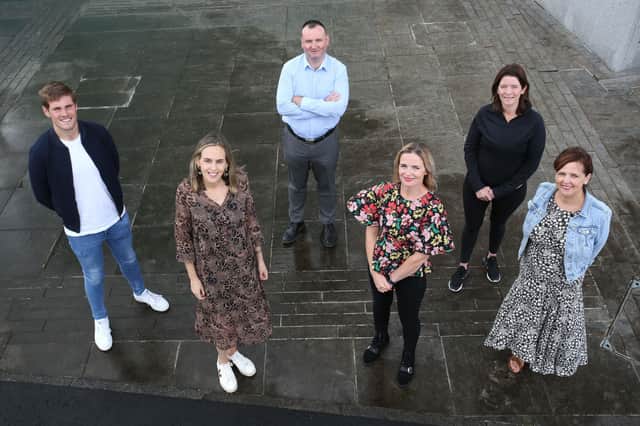 Natasha O'Hea, Catalyst Community Manager is picture with teams from the first North West Co-Founders cohort at Catalyst Innovation Centre at Fort George in Derry.