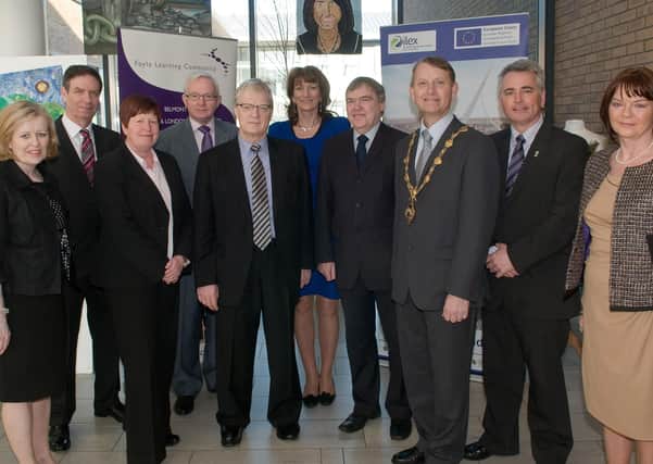 2012: Pictured at the Entitlement and Creativity Matters Conference in Lisneal College are from left, Aideen McGinley, Chief Executive of ILEX, Frank Orr, Principal of Immaculate Conception College,  Jill Markham, Oakgrove Integrated College Principal, Sean McGinty, Principal, St. Columb's College, Sir Ken Robinson, Marie Lindsay, Principal, St. Mary's College, David Funston, Principal. Lisneal College, the Mayor, Alderman Maurice Devenney, Damien Harkin, Principal of St. Josephs Boyss School and Siobhan McAteer, Chairperson of the Foyle Learning Community