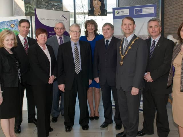 2012: Pictured at the Entitlement and Creativity Matters Conference in Lisneal College are from left, Aideen McGinley, Chief Executive of ILEX, Frank Orr, Principal of Immaculate Conception College,  Jill Markham, Oakgrove Integrated College Principal, Sean McGinty, Principal, St. Columb's College, Sir Ken Robinson, Marie Lindsay, Principal, St. Mary's College, David Funston, Principal. Lisneal College, the Mayor, Alderman Maurice Devenney, Damien Harkin, Principal of St. Josephs Boyss School and Siobhan McAteer, Chairperson of the Foyle Learning Community