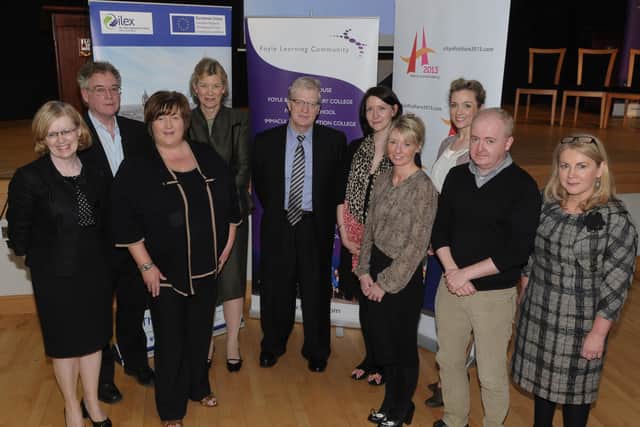 Pictured at the Entitlement and Creativity Matters conference in Lisneal College are from left, Aideen McGinley, Chief Executive of the Urban Rgerneration Company ILEX, sculptor, Maurice Harron, Anne McErlane and the Duchess of Abercorn from the Pushkin Trust, Sir Ken Robinson, Laura Campbell, Jackie McColgan, Trisha Deery, Dog Ears Publishing, Martin Melarkey, Cultural Programmer, City of Culture and Noelle McAlinden from ILEX.