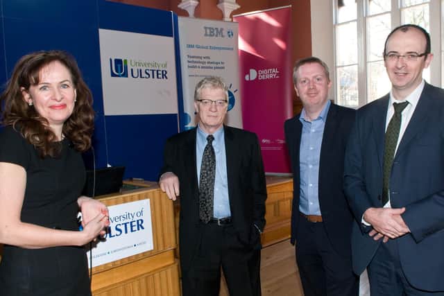 Professor Deirdre Heenan, Provost of the Magee Campus of the University of Ulster, Sir Ken Robinson, Mark Nagurski from Digital Derry and Eddie Friel from the University of Ulster pictured at the,  "Leading a Culture of Innovation" seminar with Sir Ken organised by Digital Derry  in the Great Hall at Magee. Picture Martin McKeown. Inpresspics.com. 28.3.12