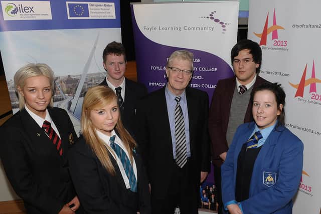 Pictured at the Entitlement and Creativity Matters Conference in Lisneal College are from left, Aoibhean Deane, St. Brigid's College Carnhill, Shannon O'Kane, St. Patrick's and St. Brigid's College, Claudy, Warren Wiley, Lisneal College,, Sir Ken Robinson, keynote speaker, Emilio Chiquito, Foyle College and Deirdre Millar, St. Mary's College.