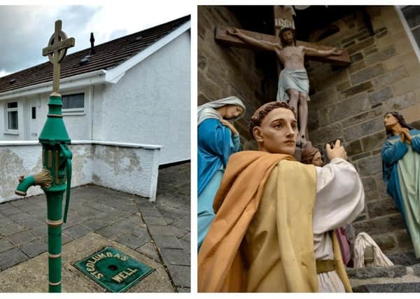 St Columb's Wells in the Bogside and the statue of St Columba at the foot of the cross at St Columba's Chruch, Long Tower.