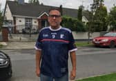 Michael Burke wearing his special O'Neills jersey made to commemorate the anniversary of 9/11.
