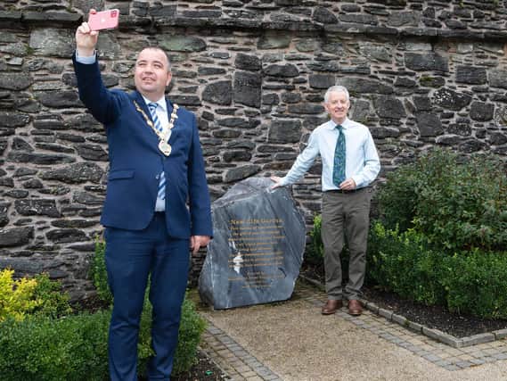 Mayor Brian Tierney taking a selfie with Dr Declan Grace to promote Organ Donation held in the Life Garden Bishop Street.