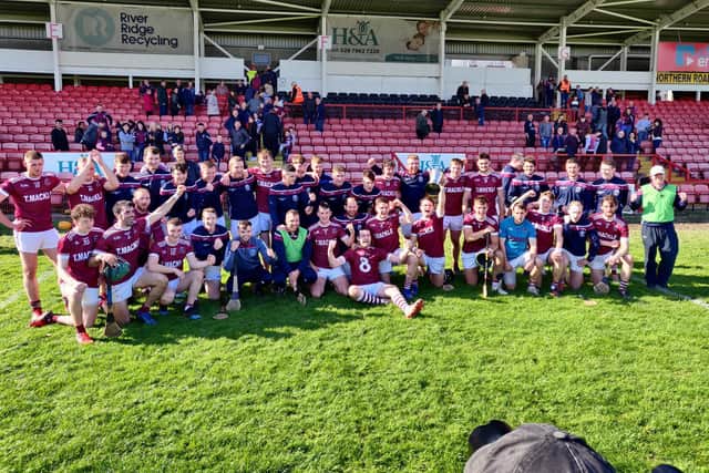 Slaughtneil celebrate in Celtic Park after winning the 2020 Derry senior Hurling title.