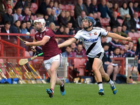 Slaughtneil’s Brian Cassidy keeps possession, under pressure, during the Derry Senior Hurling Championship Final in Celtic Park on Sunday afternoon last.  Photo: George Sweeney DER2038GS – 020