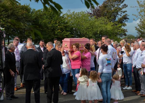 The coffin of three-year-old Kelsey Marie Stokes is carried from St Joseph’s Church in Galliagh after Requiem Mass yesterday morning. Kelsey died in a tragic road accident along with Shauna Stokes (17) in Horden, County Durham on Wednesday, September 2nd.   DER2038GS – 0029