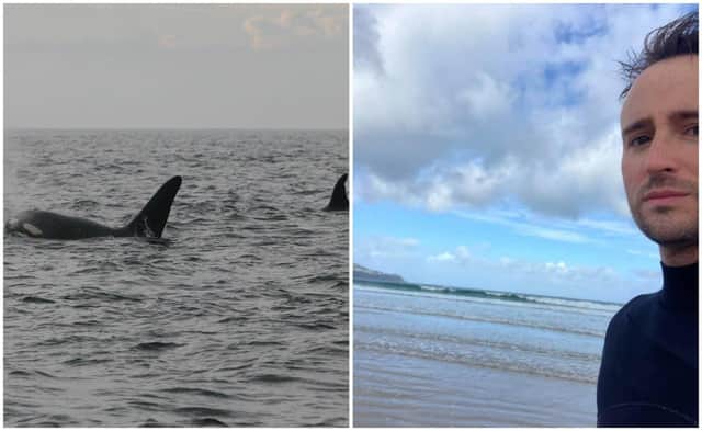 Ryan (right) at Culdaff, and on left, Orcas in Lough Swilly in 2012.