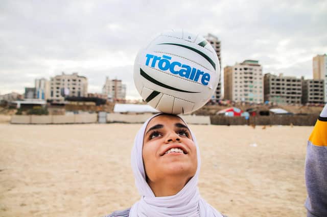 Hala Sanak (14), who plays for Gazas first-ever schoolgirls football club, received a Gaelic football skills session on the Gaza beach.