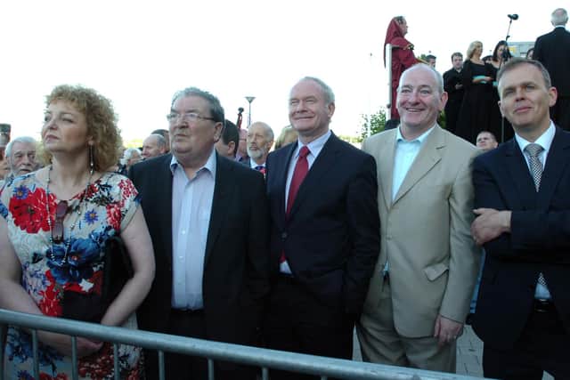 2013: John Hume and Martin McGuinness watching the stunning Return of ColmCille with then Culture Minister Caral Ni Chuilin, Mark Durkan and Joe McHugh TD. (1106PG26)