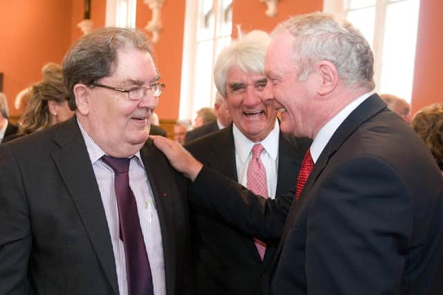 2012: John Hume, Thomas P.O'Neill III and Deputy First Minister Martin McGuinness at a celebration event at the University of Ulster's Magee Campus marking the 75th birthday of the Nobel Laureate.  PIcture Martin McKeown. Inpresspics.com. 9.9.12