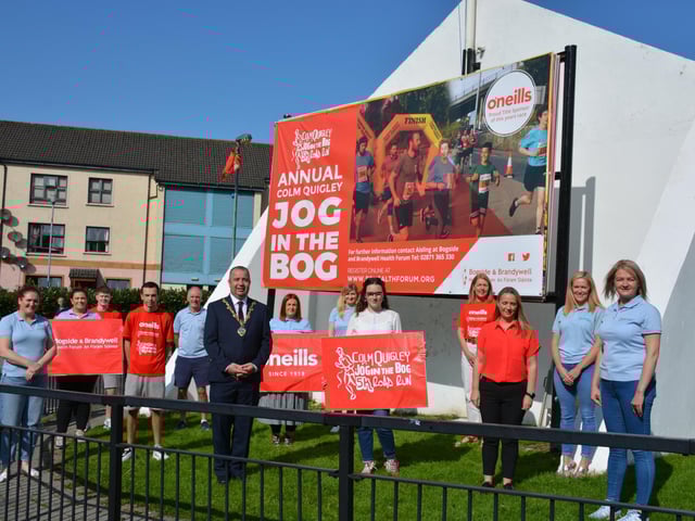 Gearing up for the virtual 'Colm Quigley Jog in the Bog 2020' during the week commencing October 5th 2020 are Mayor of Derry City and Strabane District Council, Councillor Brian Tierney; Enya Quigley, daughter of Colm Quigley; Aileen McGuinness, General Manager of the Bogside and Brandywell Health Forum; Caroline Casey from O’Neill's, and staff and volunteers from the Bogside and Brandywell Health Forum.