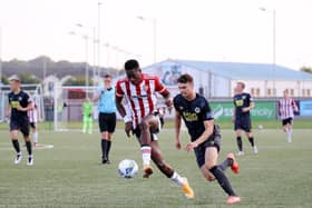 Derry City striker, Ibrahim Meite, pictured getting away from St Pat's defender, Luke McNally, was unable to find the net on Friday night. Photo by Kevin Moore (Maiden City Images)