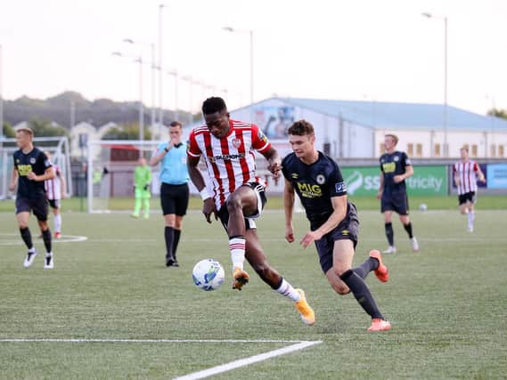 Derry City striker, Ibrahim Meite, pictured getting away from St Pat's defender, Luke McNally, was unable to find the net on Friday night. Photo by Kevin Moore (Maiden City Images)