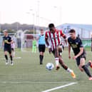 Ibrahim Meite gets in behind Luke McNally during the scoreless draw with St Pats at Brandywell last weekend.