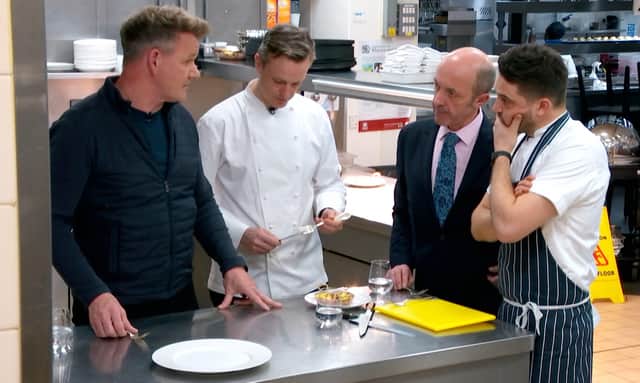 Gordon Ramsay arrives in the Savoy Kitchen. Chefs and manager Thierry look on with anticipation as he taste test some new signature dishes