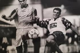 Robbie Brunton (right) in action for Coleraine against Grasshoppers in the UEFA Cup