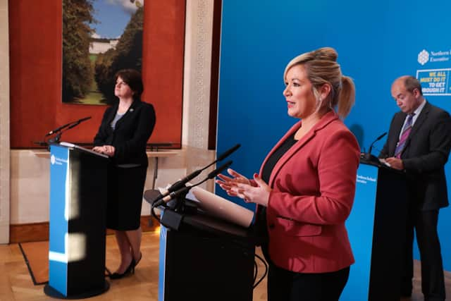 First Minister Arlene Foster, deputy First Minister Michelle O'Neill and Chief Medical Officer Dr Michael McBride pictured at a press conference in Parliament Buildings Stormont this afternoon. 

Photo by Kelvin Boyes / Press Eye.