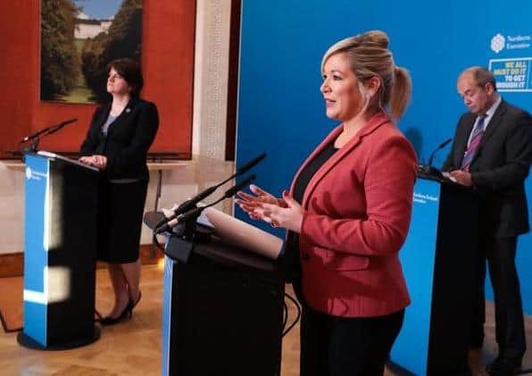 Arlene Foster, Michelle O'Neill and Dr. Michael McBride.
