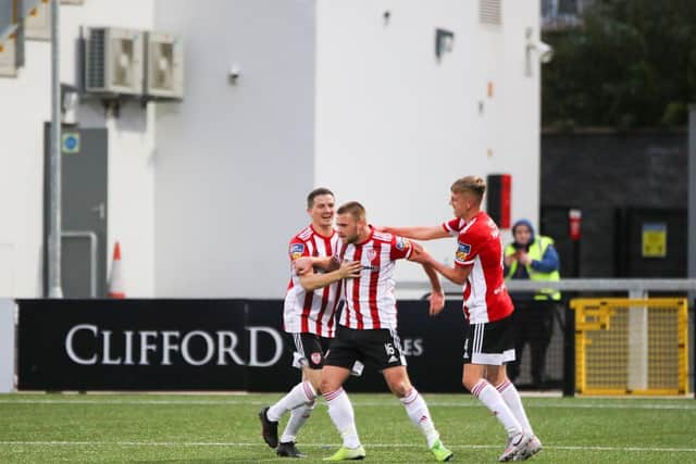 Conor Clifford celebrates scoring his second of the night from the penalty spot. Picture by Kevin Moore.
