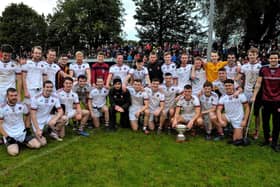 Slaughtneil celebrate their victory over Maghrafelt in the SFC Final at Páirc Séan de Brún on Sunday afternoon last. (DER2041GS – 006)