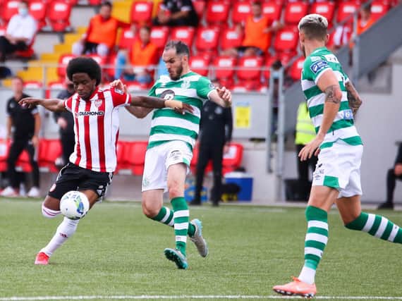 Derry City's Walter Figueira holds off Shamrock Roves Joey O'Brien during their clash at the Ryan McBride Brandywell Stadium. Picture by Kevin Moore/Maiden City Images