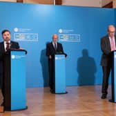 Health Minister Robin Swann (left), Chief Scientific Advisor Professor Ian Young (centre) and Chief Medical Officer Dr Michael McBride during a press conference in Parliament Buildings, Stormont, on the latest coronavirus situation. (Photo: PA Wire)