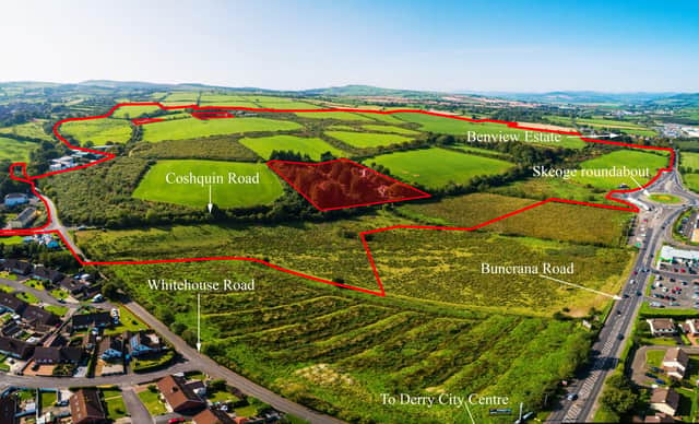 ‘URBAN VILLAGE’... This aerial photo shows the location of ‘The Cashel’ housing development at Buncrana Road.