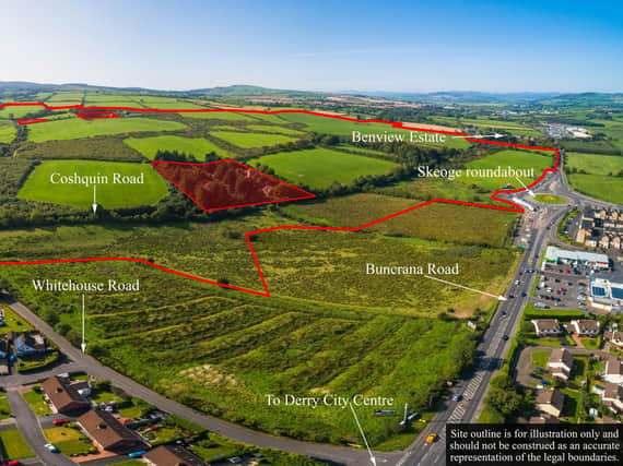 ‘URBAN VILLAGE’... This aerial photo shows the site outline for the location of ‘The Cashel’ housing development at Buncrana Road.