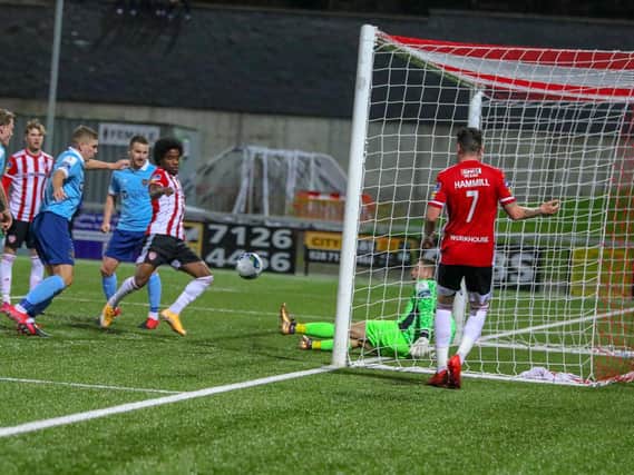 Walter Figueira is in the right place at the right time as he pounces to seal the victory against Shelbourne. Picture by Kevin Moore.