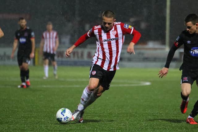Jack Malone, pictured in action against Dundalk on Monday night, played a key role for Derry City against Shelbourne on Friday. Picture by Kevin Moore.