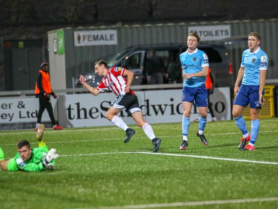 Joe Thomson races to celebrate putting Derry City in front early in the first half against Shelbourne. Picture by Kevin Moore (Maiden City Images).