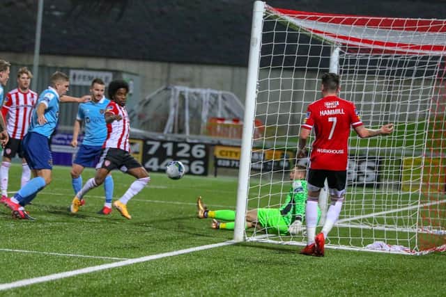 Walter Figueira slots home from close range for his fourth goal of the season. Picture by Kevin Moore (Maiden City Images).