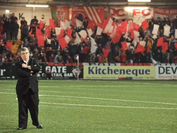 FAMILIAR FACE . . . Derry City's Chief Steward, Patsy 'Charlie' McGirr pictured on duty at the Brandywell Stadium. Picture by Kevin Morrison.