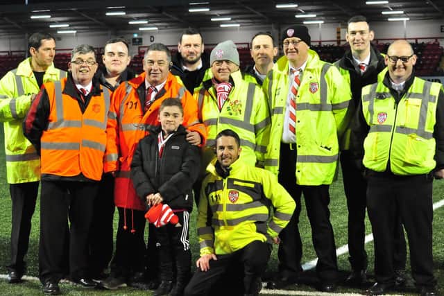 Charlie pictured with the Derry City Match Day Management team as they said their goodbyes last Friday night. Picture by Kevin Morrison.