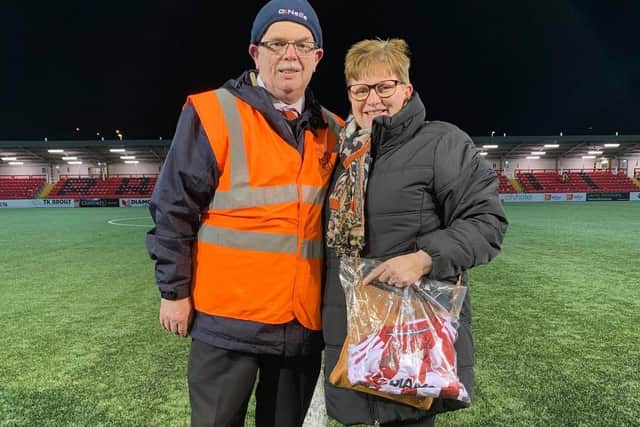 Charlie McGirr pictured with his wife, Annmarie after Derry City's final home match of the 2020 campaign.