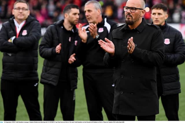 Former Cobh manager, Stephen Henderson applauds the Derry City team after his team lost to the Candystripes in the 2018 EA Sports Cup Final at Brandywell.