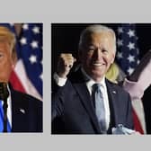 President Donald Trump and challenger Joe Biden speak to supporters, early on Wednesday November 4 2020.