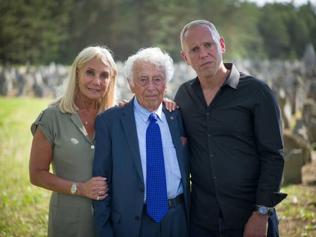 Angela Cohen (Robert Rinder's mother), Leon Rytz (last survivor of Treblinka death camp) and Robert Rinder at Treblinka (former NAZI death camp) in Poland