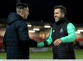 Aaron McEneff and Stephen Bradley embrace after Shamrock Rovers victory over Derry City at Brandywell.