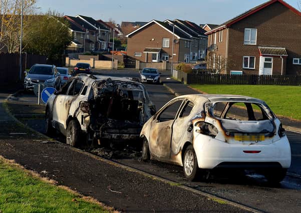 Cars torched by youths in the Ederowen Park area of Galliagh during disturbances on Friday evening last.  Photo: George Sweeney DER2045GS – 025