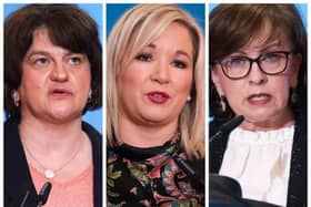 Left to right, First Minister, Arlene Foster, deputy First Minister, Michelle O'Neill and Economy Minister, Diane Dodds.