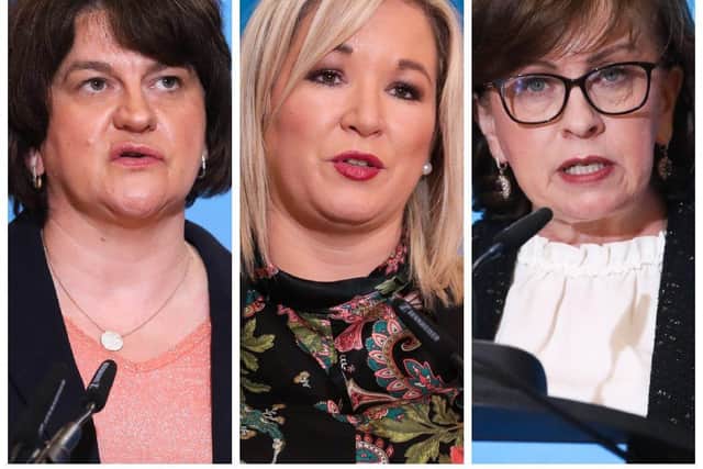 Left to right, First Minister, Arlene Foster, deputy First Minister, Michelle O'Neill and Economy Minister, Diane Dodds.