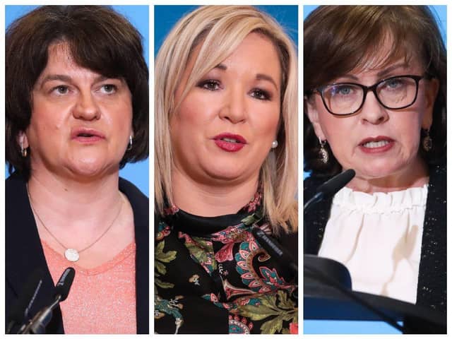Left to right, First Minister, Arlene Foster, deputy First Minister, Michelle O'Neill and Economy Minister, Diane Dodds.