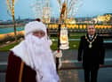 Mayor of Derry City and Strabane District Council and Santa Claus preparing for this year's Virtual Christmas Lights Switch on in Derry and Strabane.