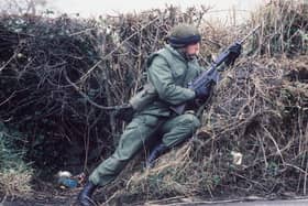 An Irish army soldier on patrol on the border in 1987.